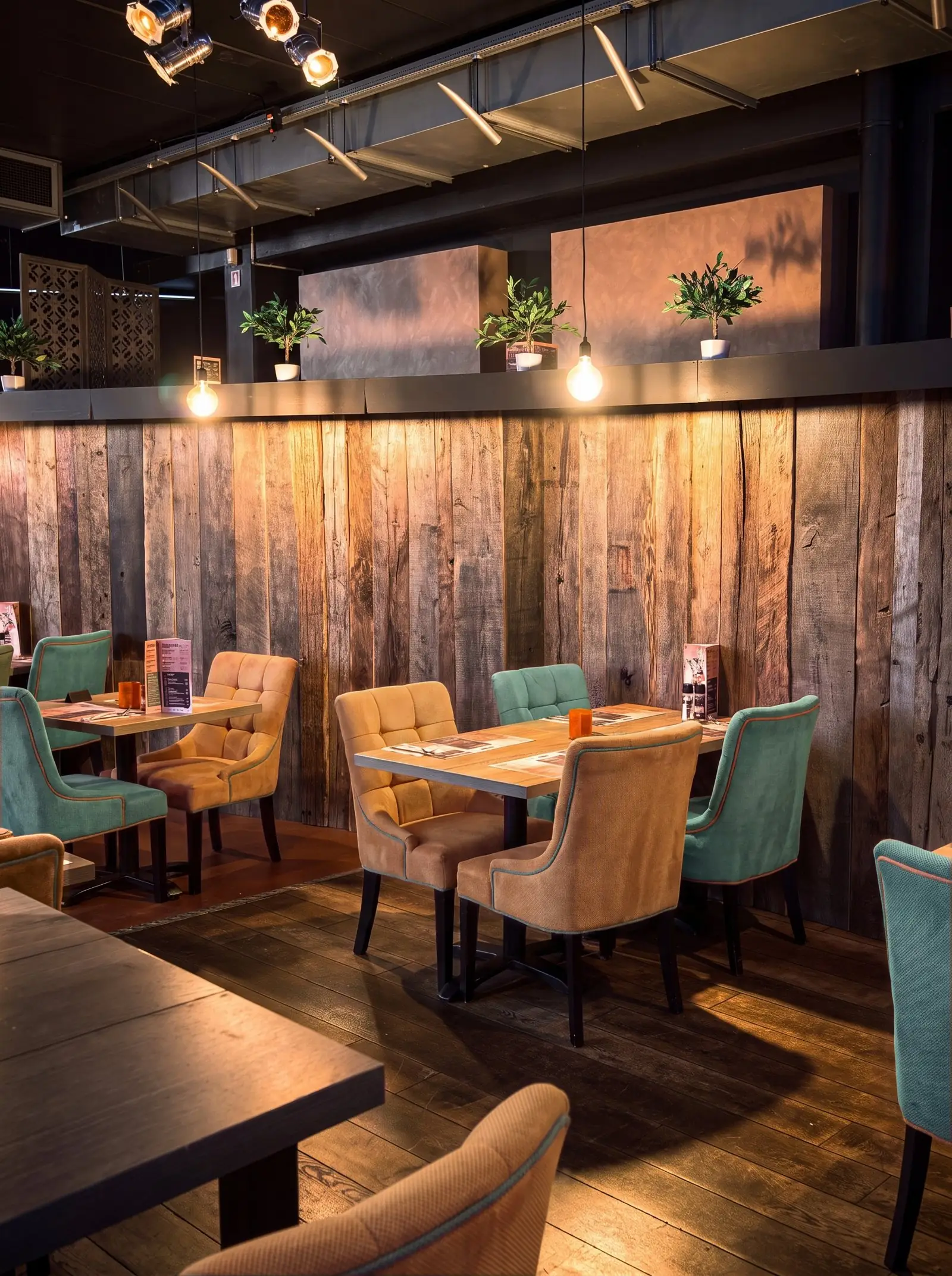 Zaal van AXXES met tafels en stoelen in oker en petrol voor de barnhouten wand, onder hanglampen en spots