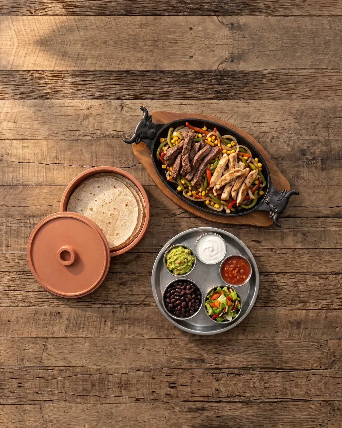 Fajitas voor twee van boven: gietijzeren pan met ossenhaas, kip en paprika, tortilla's en schaaltjes guacamole, zure room, salsa, bonen en rijst